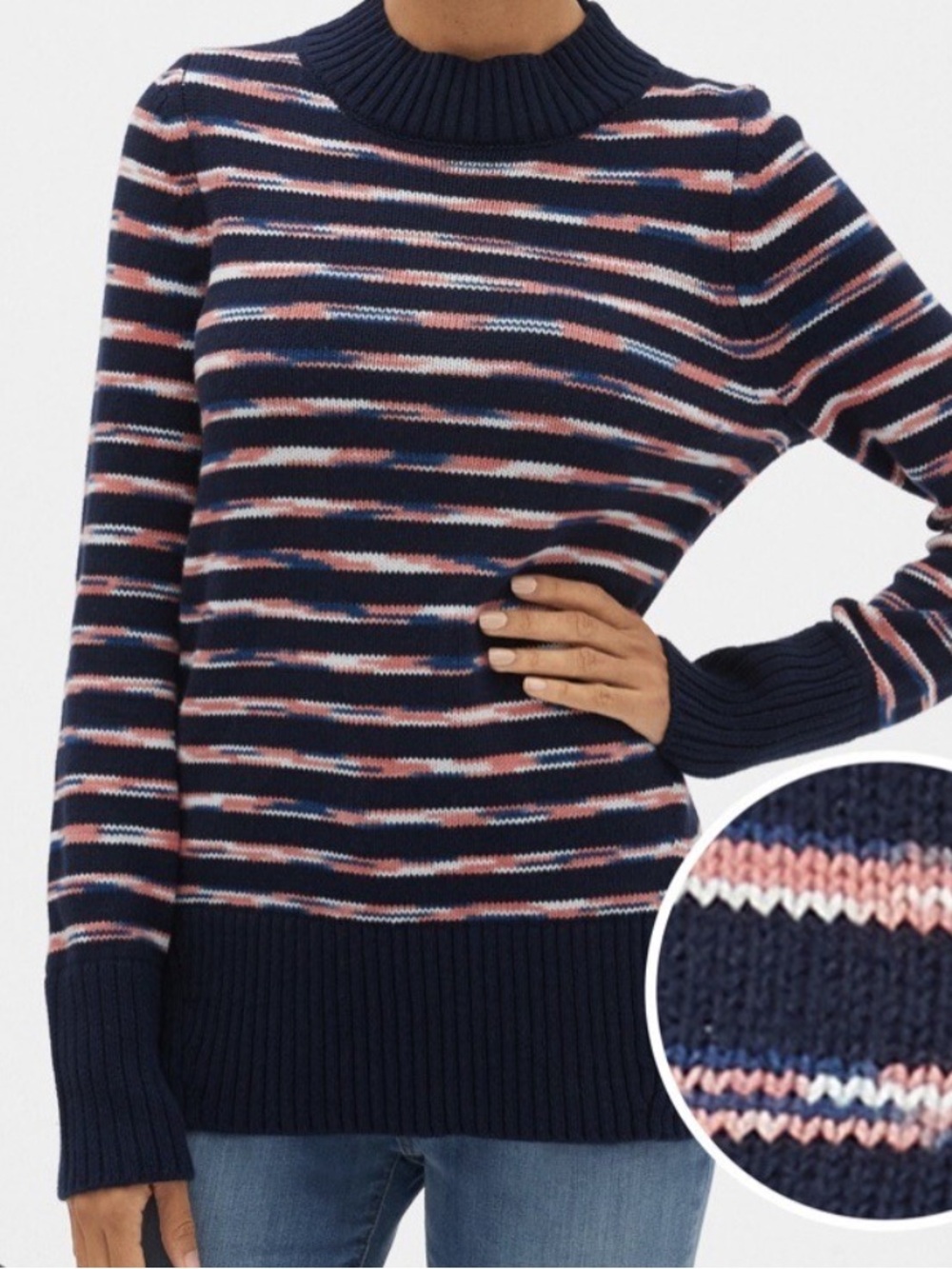 GAP Navy Striped Mock Neck Sweater with Coral & Pink Accents